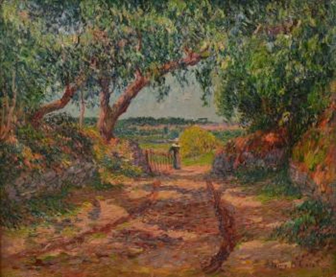 Bretonne à la haie, chemin creux à Riec, Finistère by Henry Moret