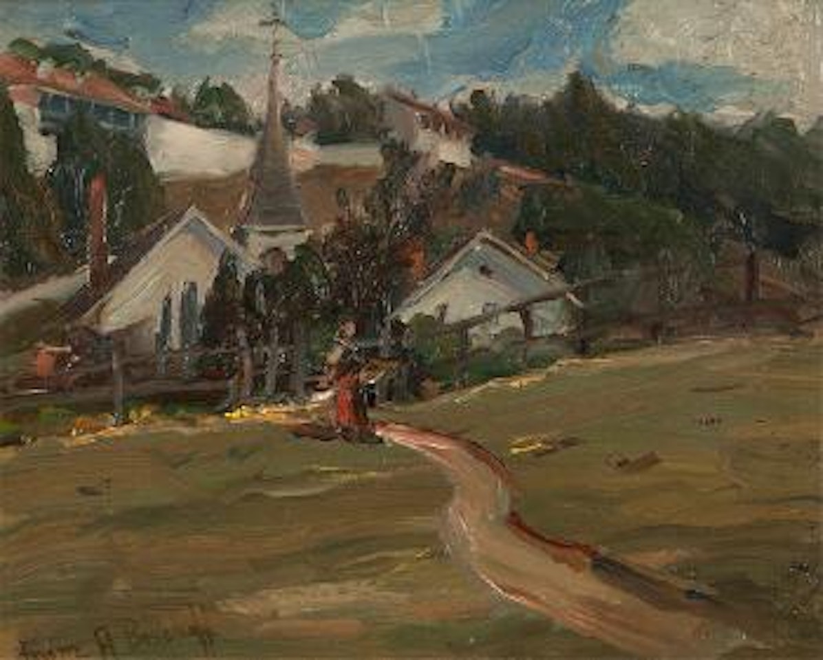 Woman on a path through a Normandy village by Franz A Bischoff