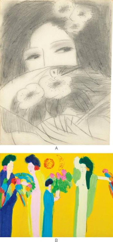 A: Woman holding a fan; B: Three Beauties by Walasse Ting