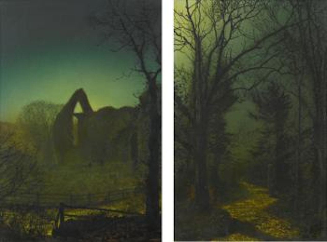 Bolton Abbey by Moonlight; A Wooded Landscape with A Woman walking on a Path in The Moonlight by John Atkinson Grimshaw