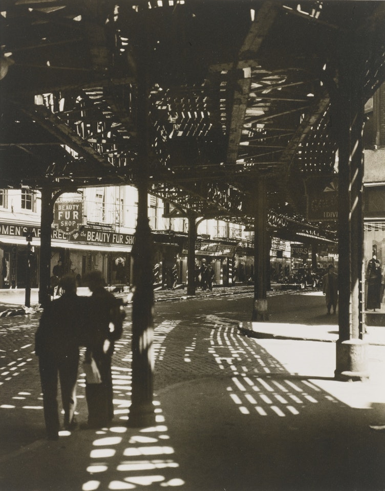 "EL" 2ND AND 3RD AVENUE LINES: BOWERY AND DIVISION STREET, MANHATTAN' by Berenice Abbott