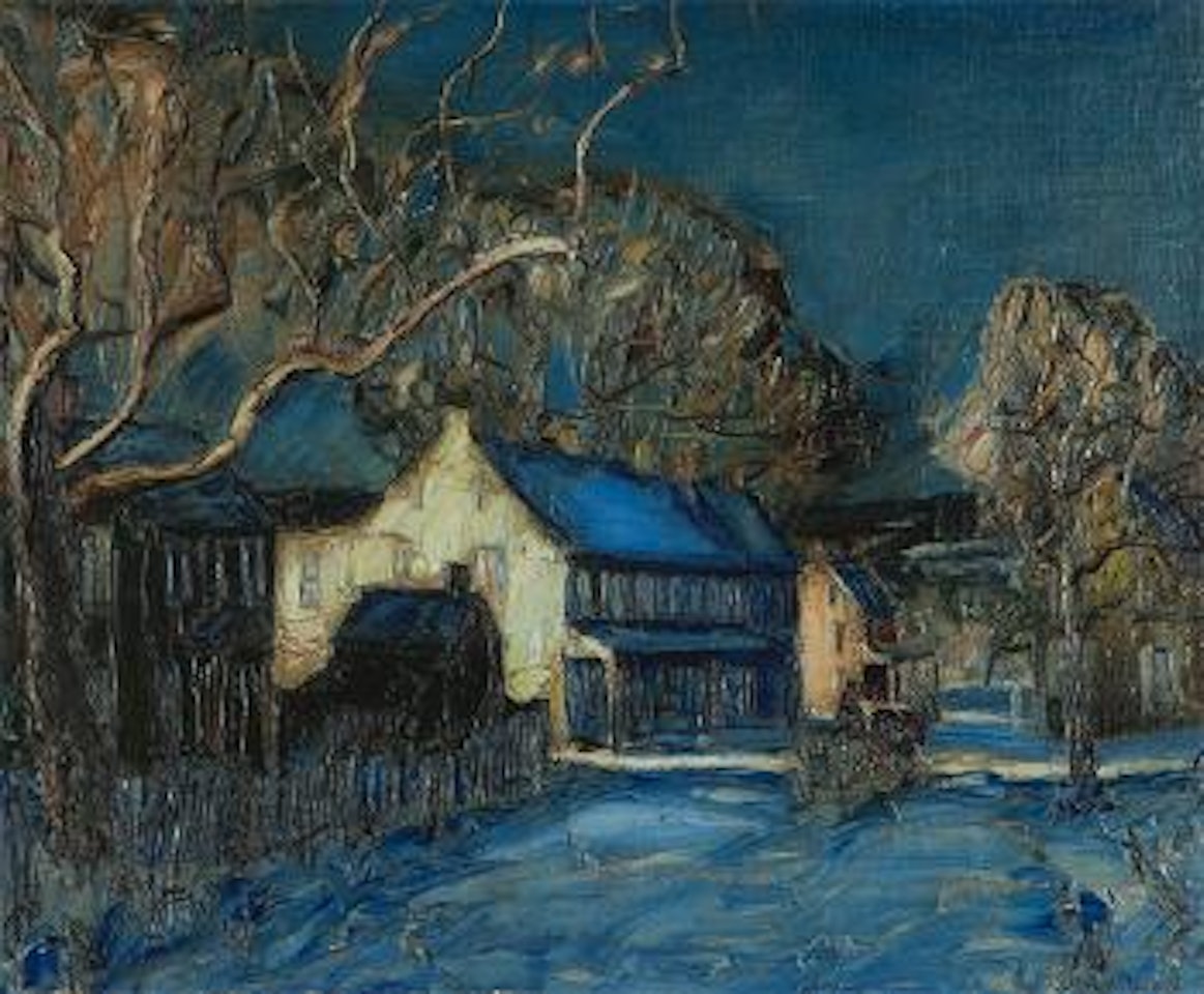 Nocturnal winter landscape with figure by Walter Emerson Baum