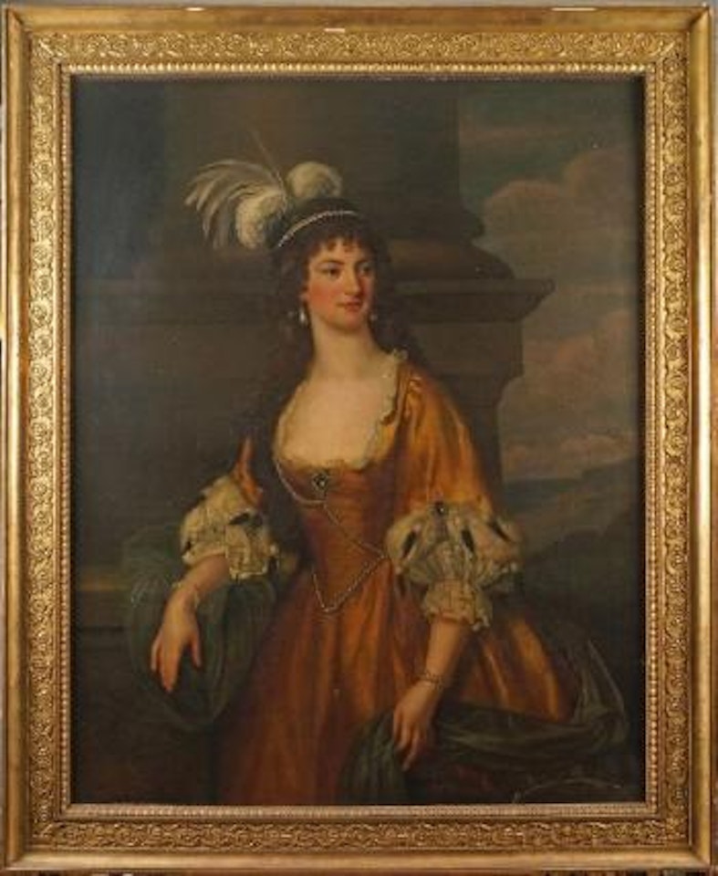 Portrait de Lady Graves, femme de l'Amiral Graves, coiffée d'une aigrette sur fond de paysage et d'architecture by English School