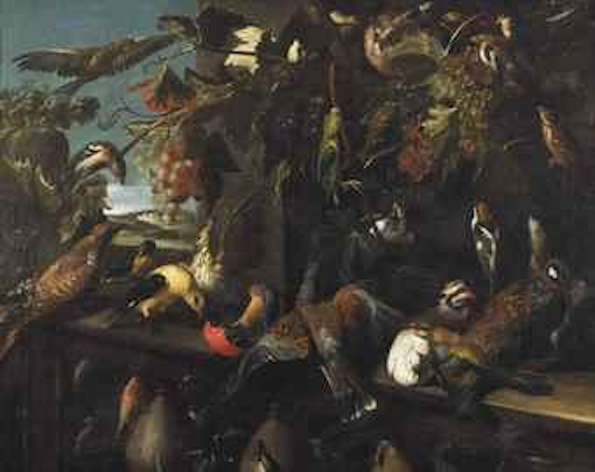 A short-eared owl, grouse, goldfinch, green parakeet, dove, and other birds with a lizard and grapevines near a stone balustrade, a landscape beyond by Italian School