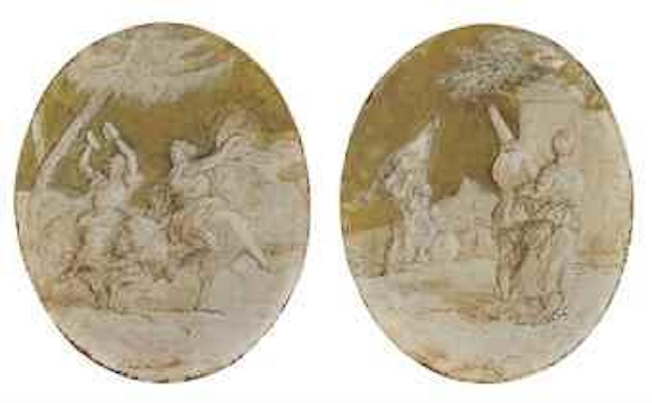 A baccanale with two women dancing in a landscape; and Pulcinella with two other figures from the commedia dell'arte in a landscape by Giovanni Domenico Tiepolo