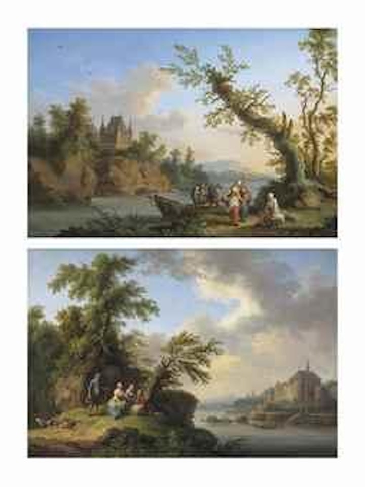 A wooded river landscape with figures unloading a rowing boat, a castle on the rocks beyond; and A wooded river landscape with figures resting on the bank, a fortified town beyond by Jacob Philipp Hackert