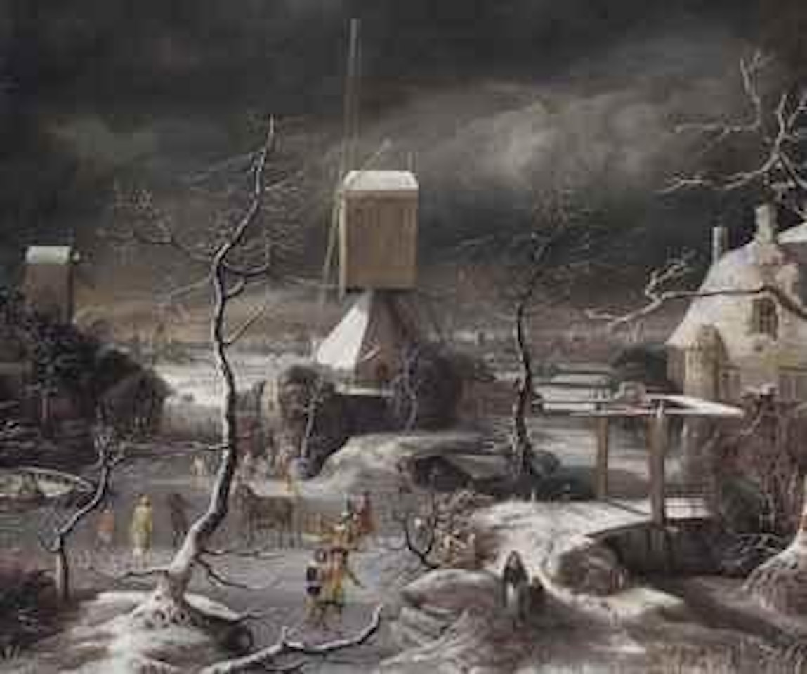 A winter landscape with a horse-drawn sledge, skaters and golfers on a frozen waterway by a windmill, Amsterdam and the IJ beyond by Jan Abrahamsz. Beerstraten