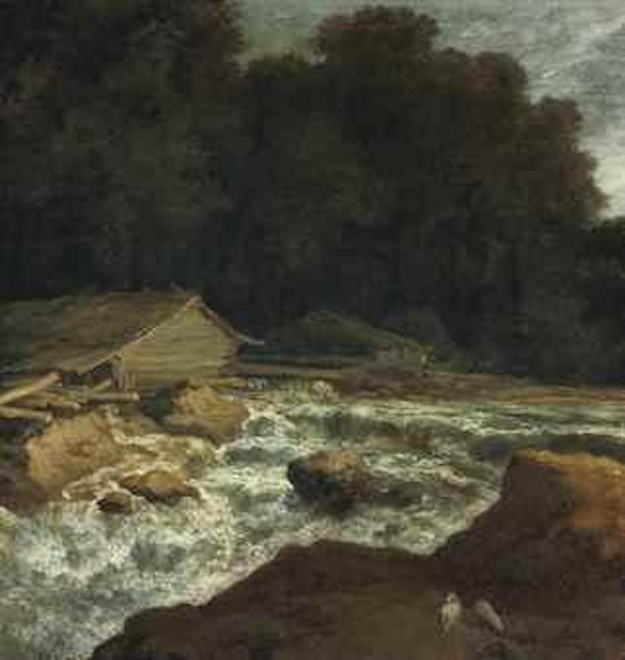 A wooded river landscape with a woodmill by a wier by Allart van Everdingen