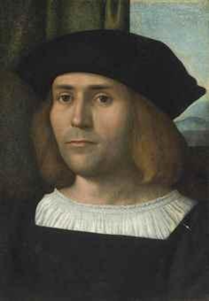 Portrait of a gentleman, bust-length, in a white chemise, a black doublet and a black hat by Giovanni Bellini