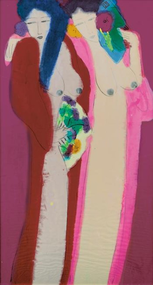 Two Beauties with Fans by Walasse Ting