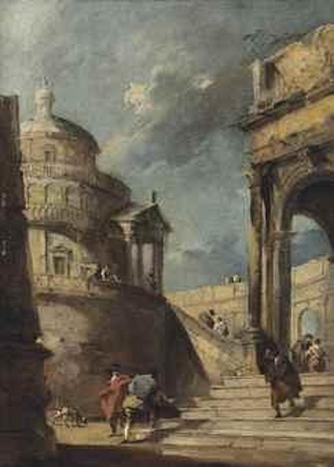 A capriccio of a Palladian rotunda and a colonnade with figures conversing by Francesco Guardi