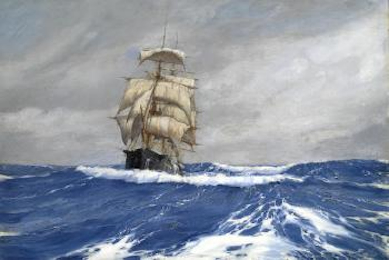 Rolling along the American packet ship Gleaner at sea by Montague Dawson