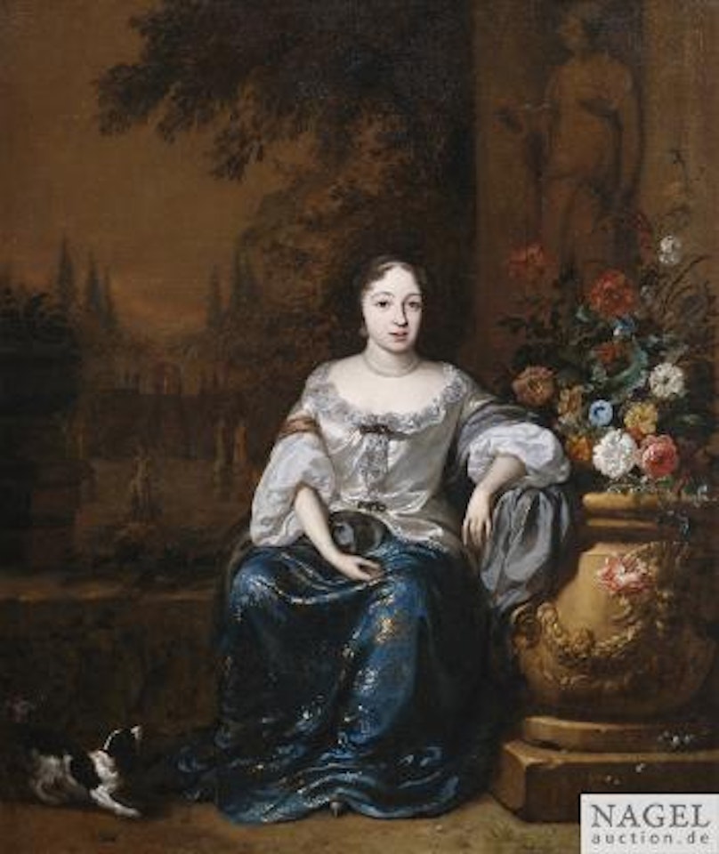 Bildnis einer eleganten Dame mit ihrem Hund auf einer Terrasse vor Parklandschaft by Jan Weenix