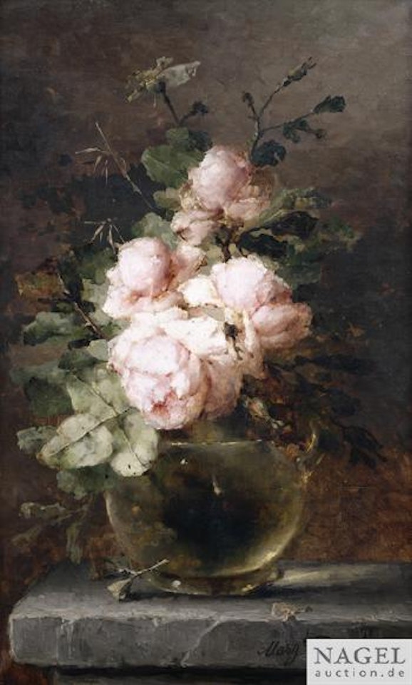 Stilleben mit rosafarbenen Rosen in einer Glasvase auf Steinpodest by Margaretha Roosenboom