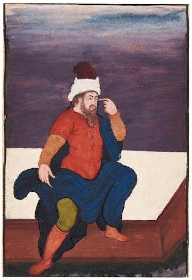 A European figure seated on a bench by Mughal School