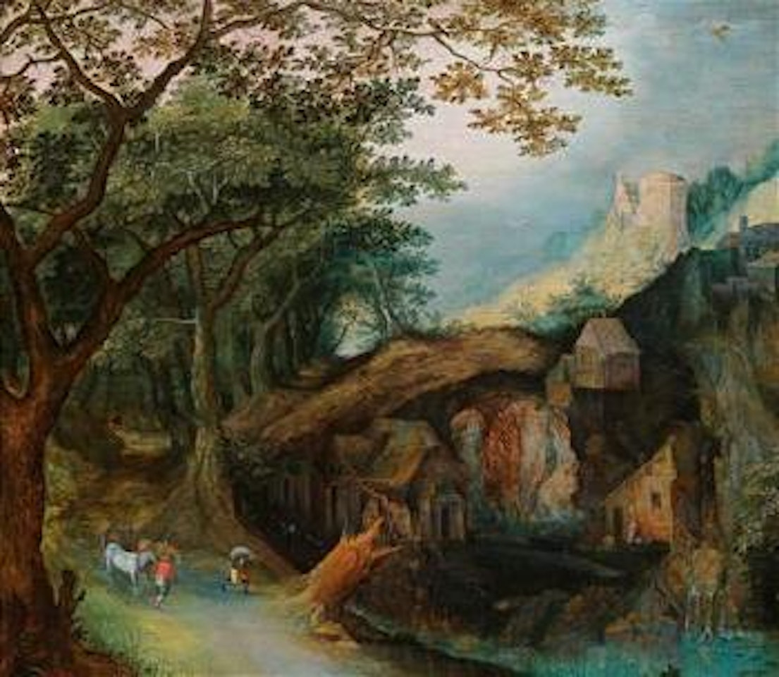 A mountainous landscape with a village and travellers on a path by Adriaen van Stalbemt