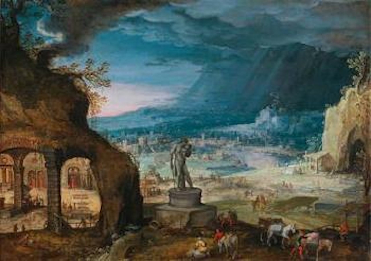 An extensive landscape with a statue of Saturn by Hendrick van Cleve