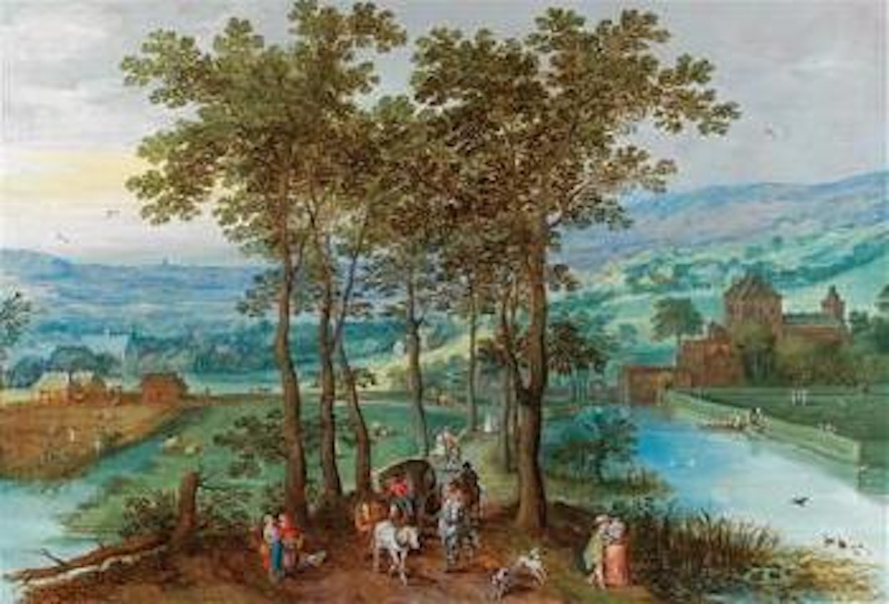 A wooded landscape with an elegant party on a country road by Joos de Momper the Younger