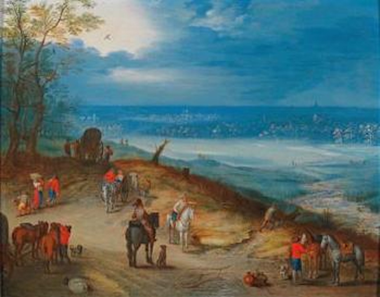 Merchants and travellers in an extensive landscape by Jan Brueghel the Younger