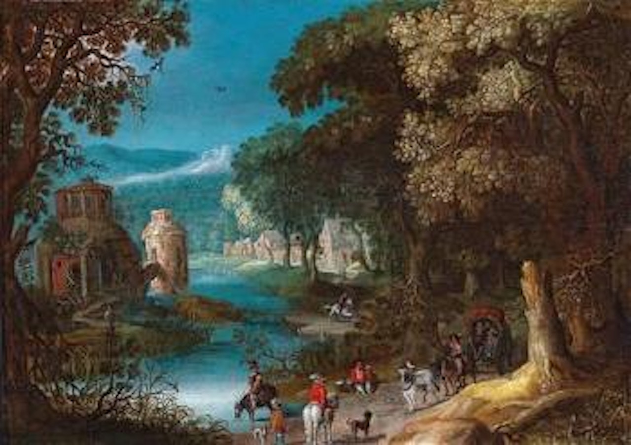 A river landscape with a horse-drawn cart and travelers on a path by Anton Mirou