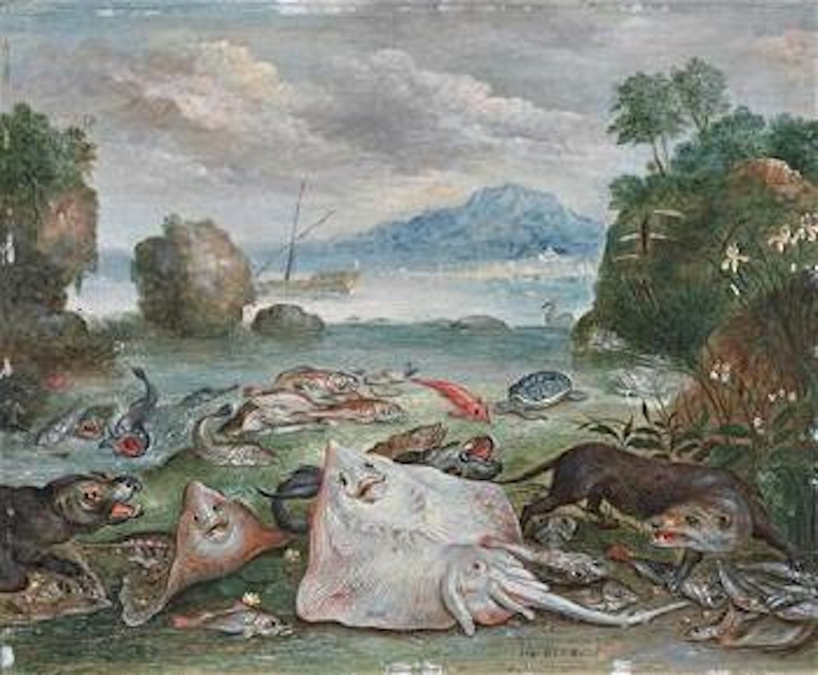A still life of fish on a beach, with a seal and an otter by Jan Van Kessel The Elder