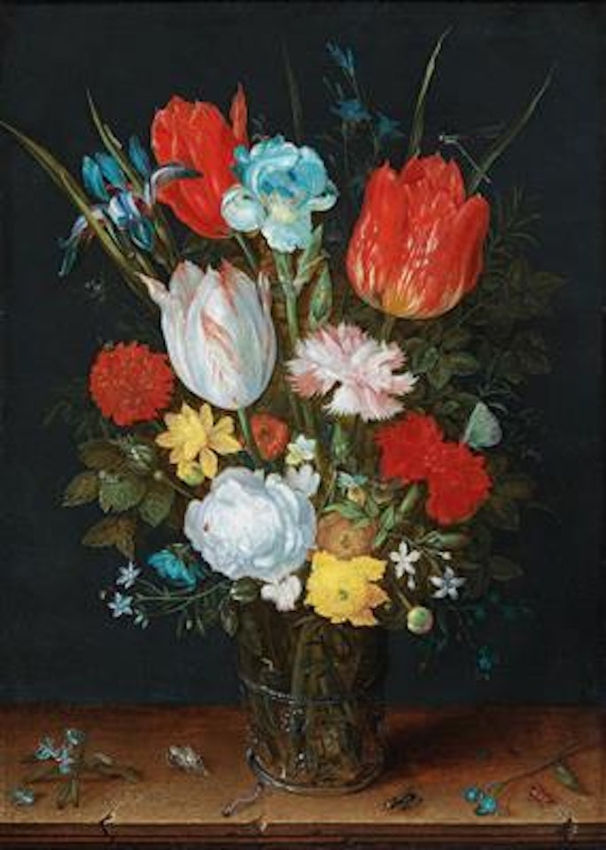 A still life of tulips, roses, and irises in a glass vase, with shells and insects by Jan Brueghel the Younger