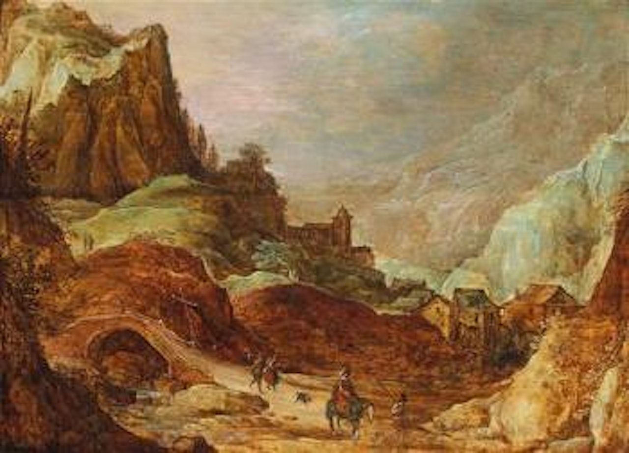 A mountainous landscape with a horseman and travellers on a path, with a village in the background by Joos de Momper the Younger