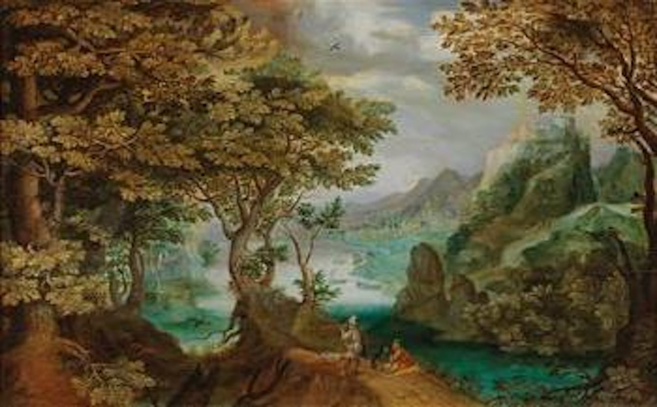 A wooded river landscape with the view of a town and hunters in the foreground by Flemish School
