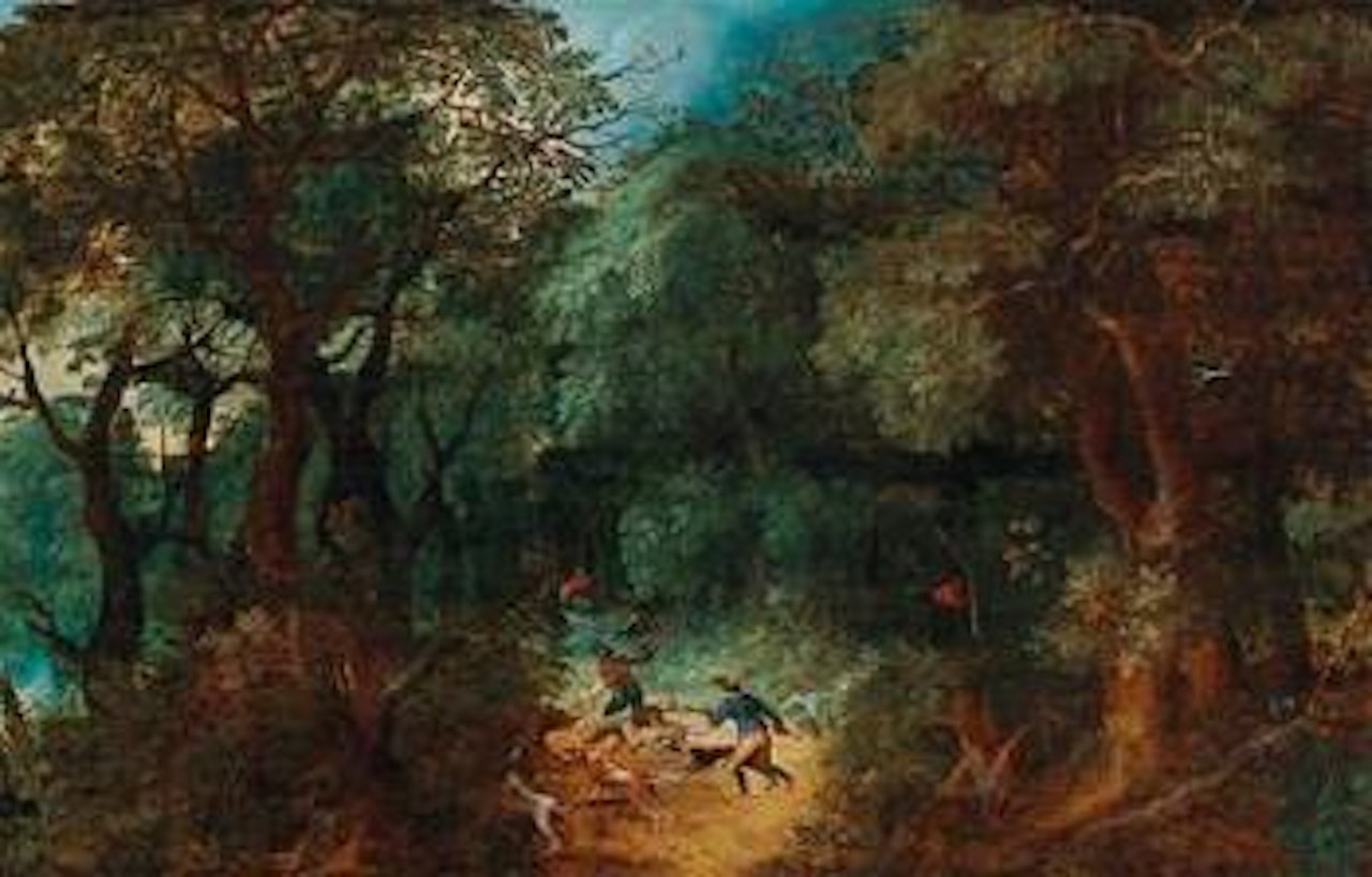 A forest landscape with a bear hunt by Abraham Govaerts