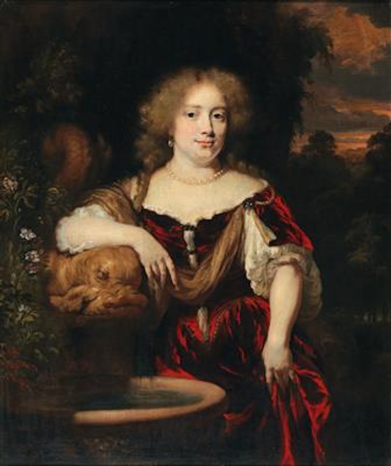 Portrait of a lady, three quarter length, near a fountain; and Portrait of a gentleman, three quarter length, near a sculptural relief by Nicolaes Maes