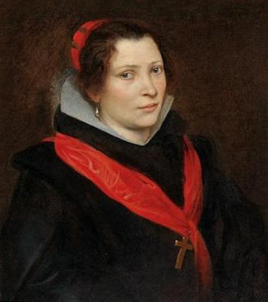 Portrait of a lady, wearing a red cap and scarf, half-length by Anthony van Dyck
