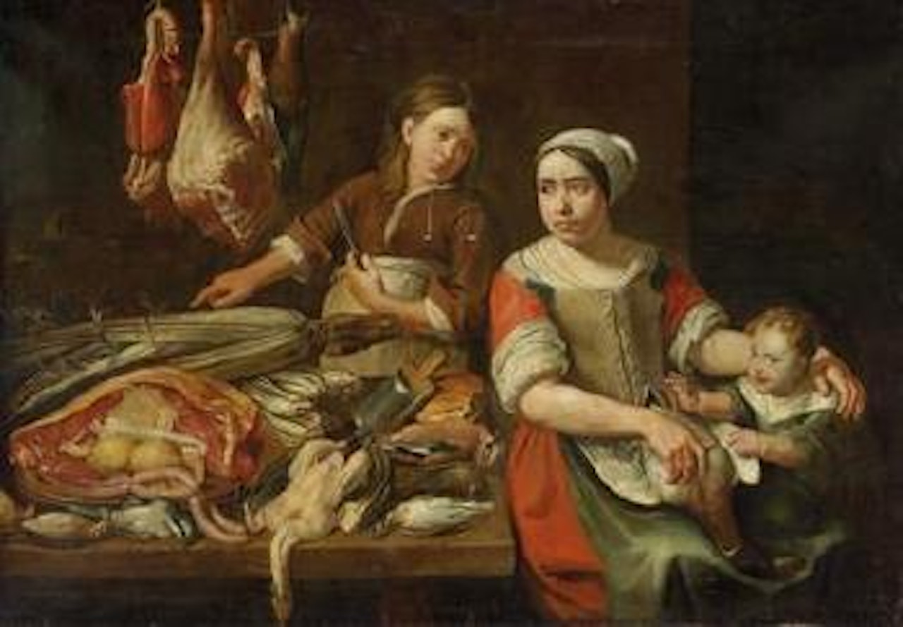 A kitchen still life with a mother and child and a boy pointing at some vegetables by Flemish School
