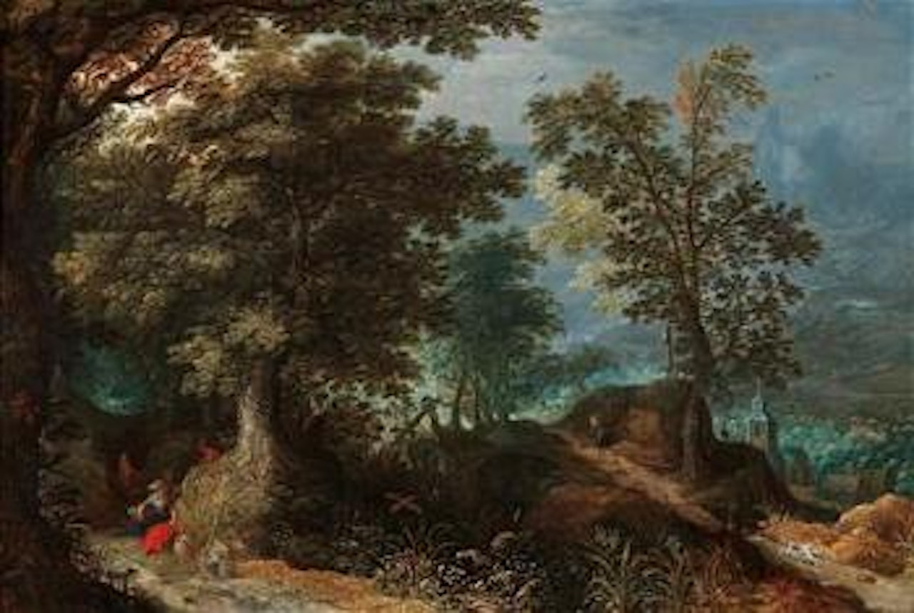 A wooded landscape with travellers by Abraham Govaerts