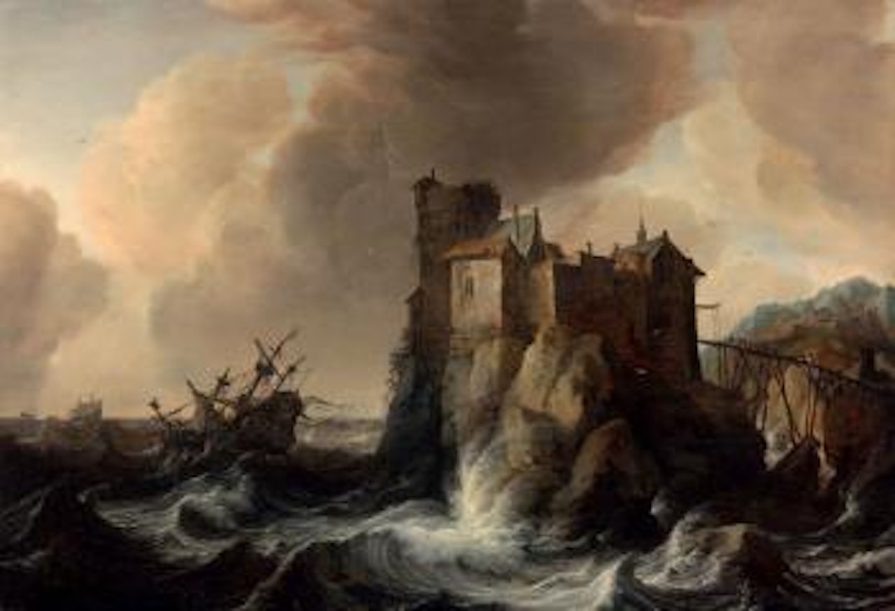 Navire près du village sur un rocher by Jan Abrahamsz. Beerstraten