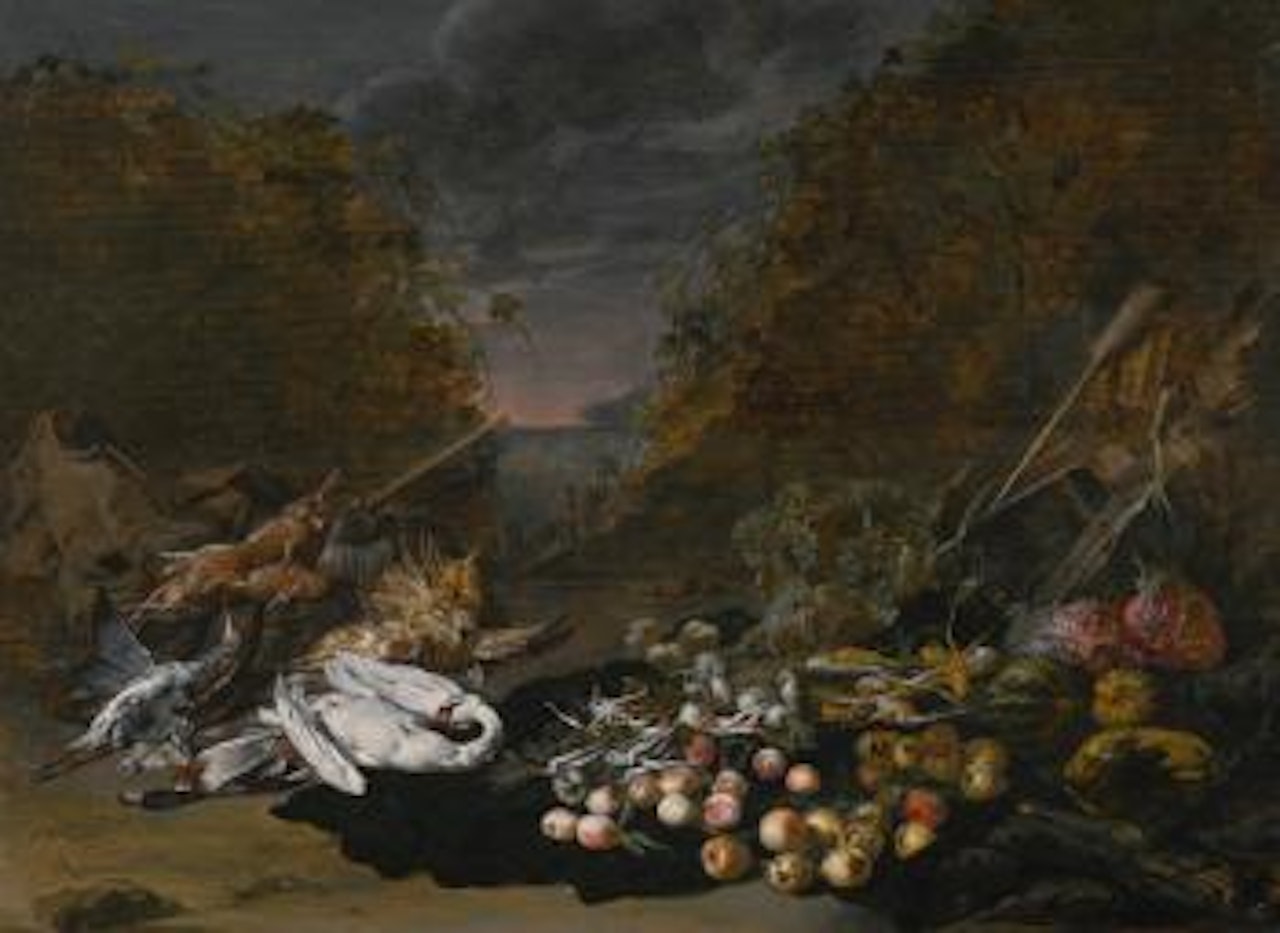 A Still Life of a Swan and Other Birds, with Rabbits, Fruit and Vegetables and a Landscape Beyond by Jan Van Kessel The Elder
