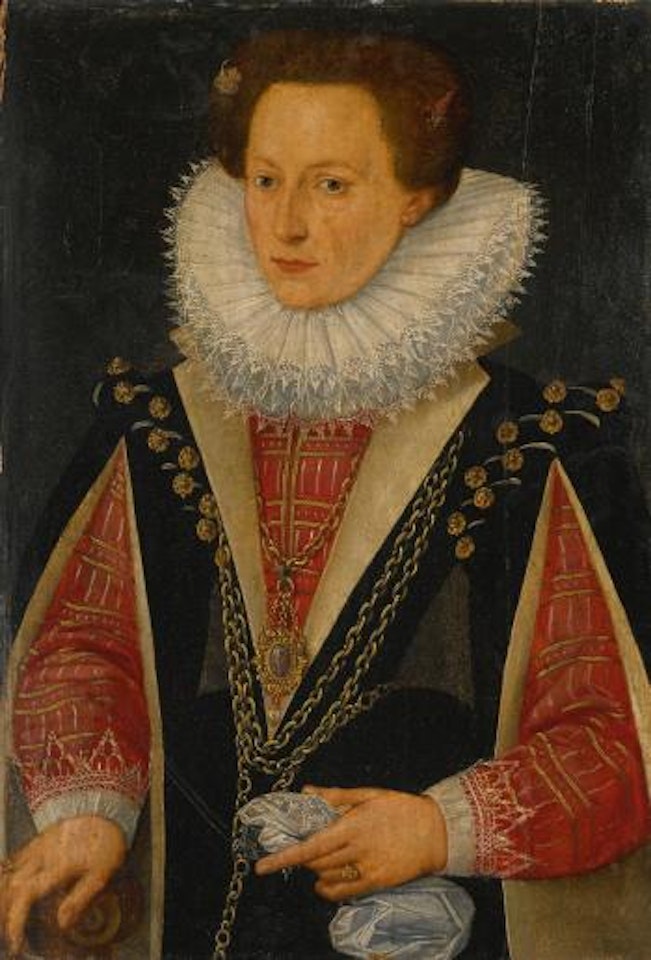 Portrait of A Lady, Half-length, in a Red Dress and Black Cloak with a Gold Chain and Sardonyx Cameo Depicting The Crucifixion, holding a Handkerchief by English School