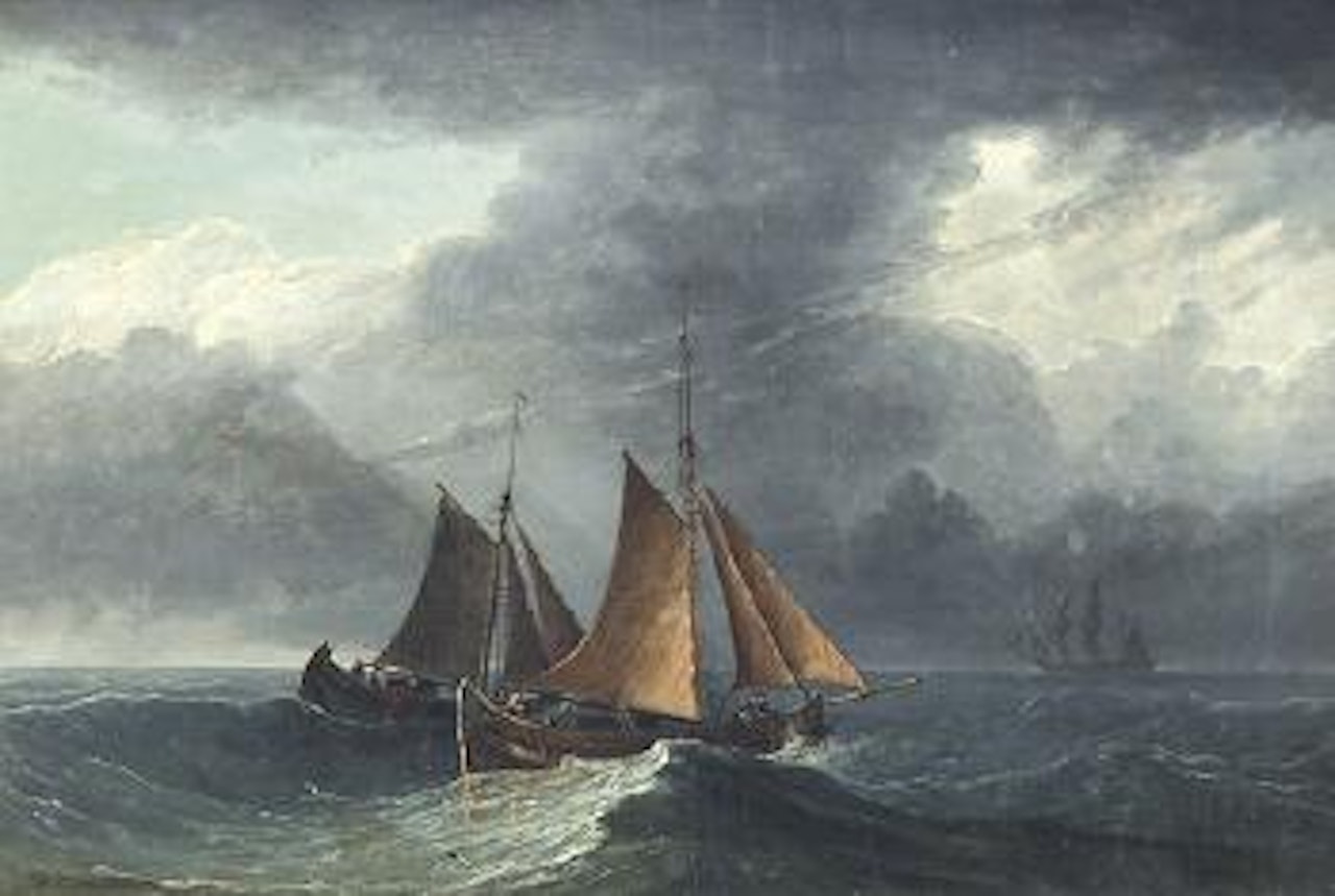 Segelschiffe bei unruhiger See, im Hintergrund ein Dreimaster by John Wilson Carmichael
