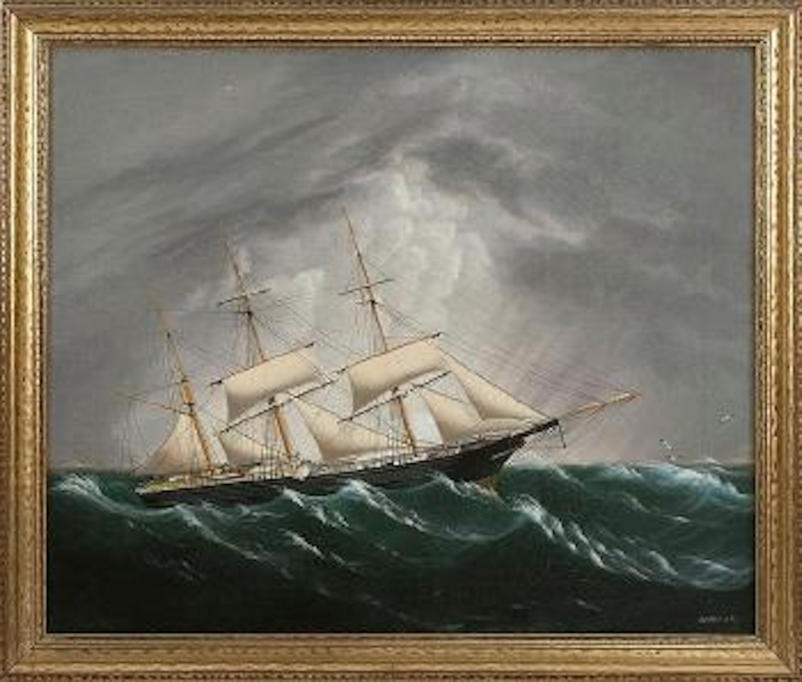 An American three-masted ship with nicely detailed figures and deck works by Edward Arnold