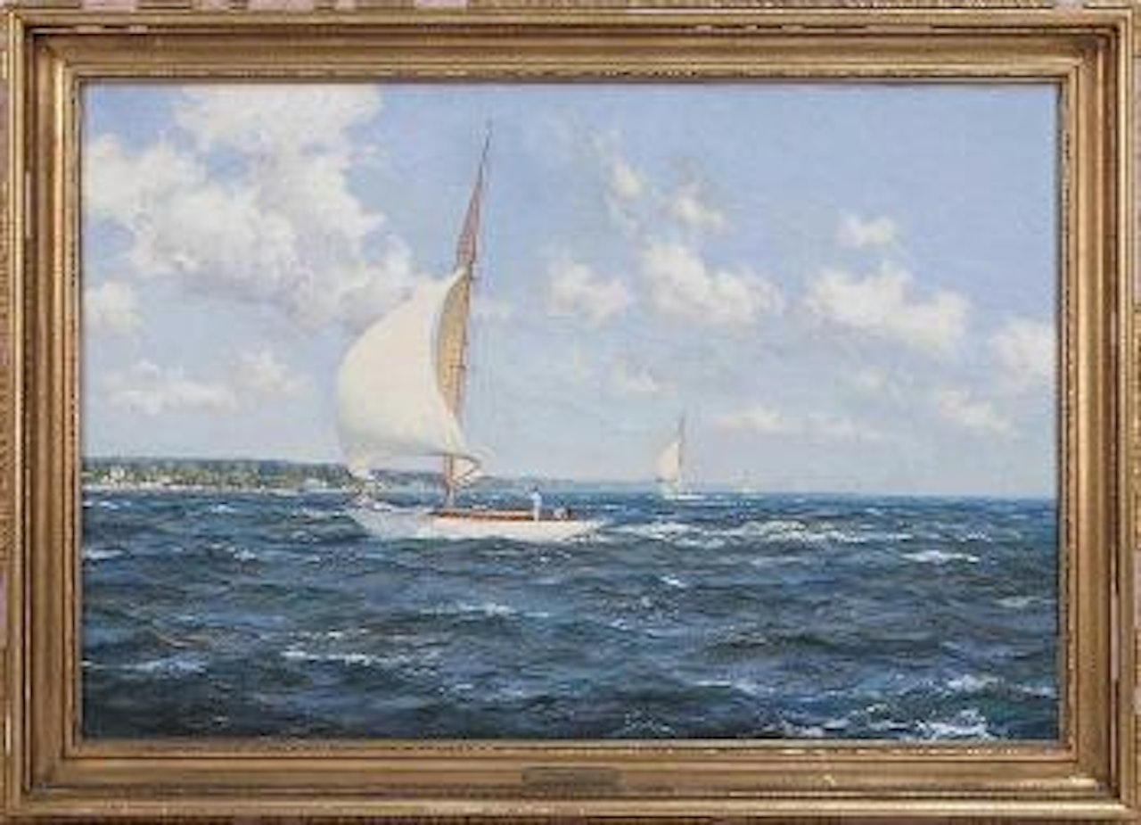 Yachts off the coast by Montague Dawson