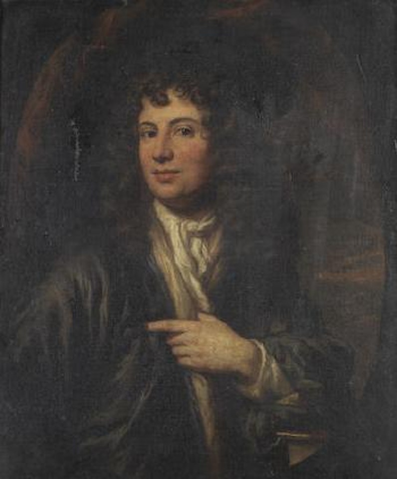 Portrait of a gentleman, half-length, in a grey coat, his left arm resting on a table by Nicolaes Maes