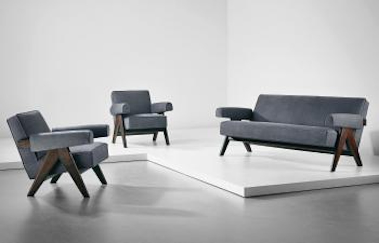 'Easy' sofa, model no. PJ-SI-32-B, and pair of 'Easy' armchairs, model no. PJ-SI-32-A, designed for the High Court, the Punjab University administrative buildings and student residences by Pierre Jeanneret