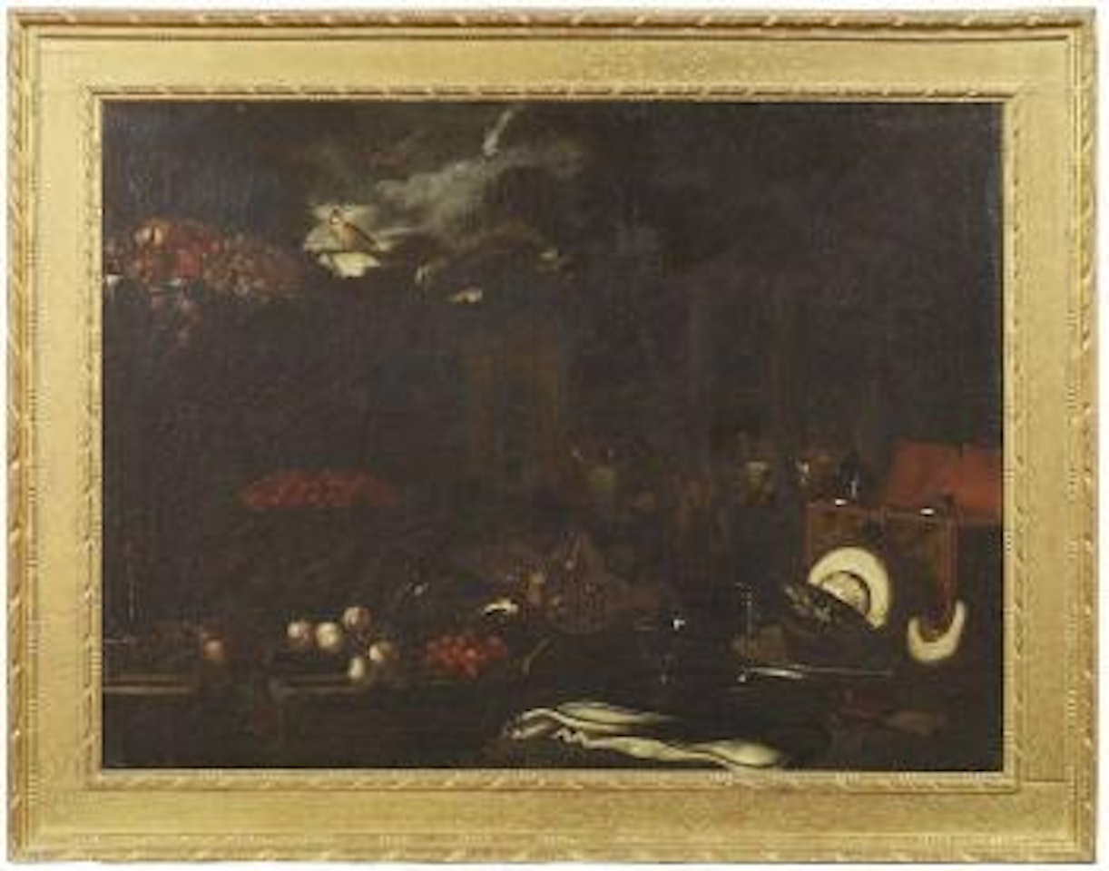 Natura morta con figure, cofanetto e tavola imbandita. Natura morta con scena di convivio e musicanti by Flemish School