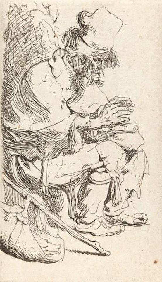 Ein Bettler, seine Hände an einer Schale wärmend by Attributed to Rembrandt Harmensz van Rijn