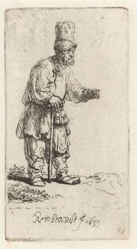 Ein Bettler mit einem hohen Hut, auf einen Stock gelehnt by Attributed to Rembrandt Harmensz van Rijn