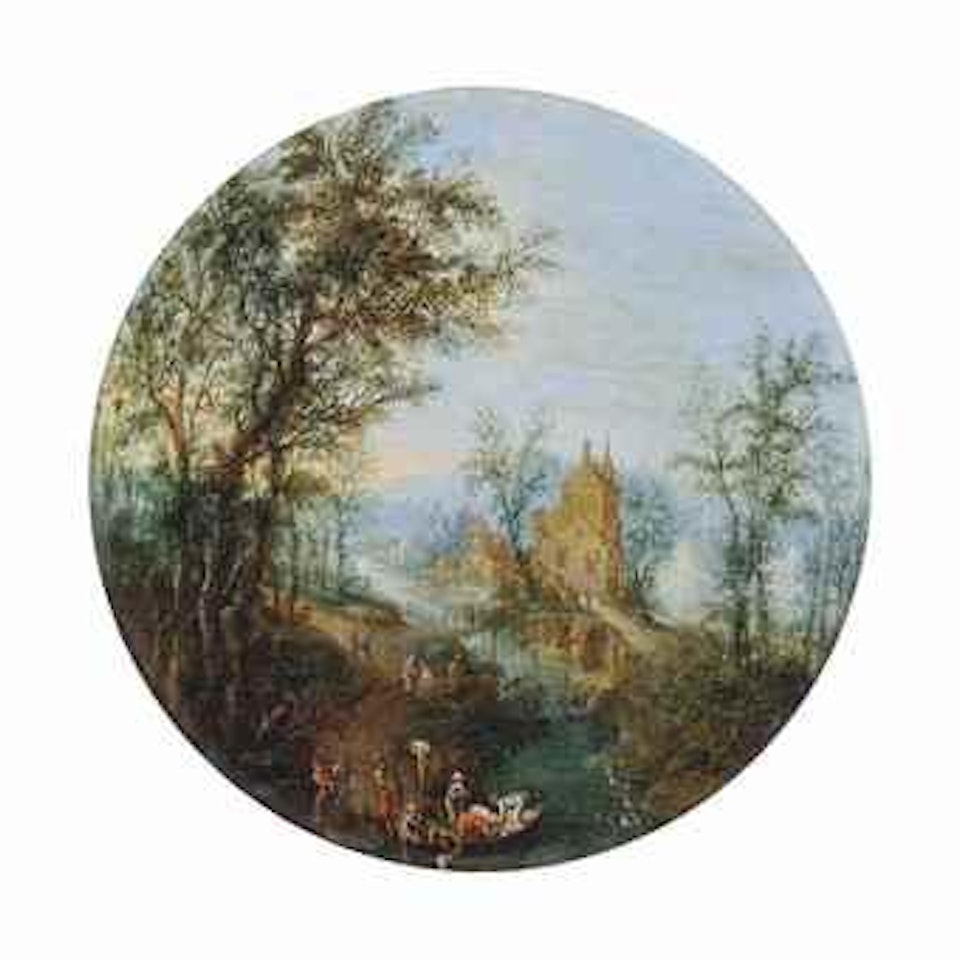 A wooded river landscape with travellers loading a boat near a bridge and figures on a path, a village beyond by Jan Brueghel the Younger