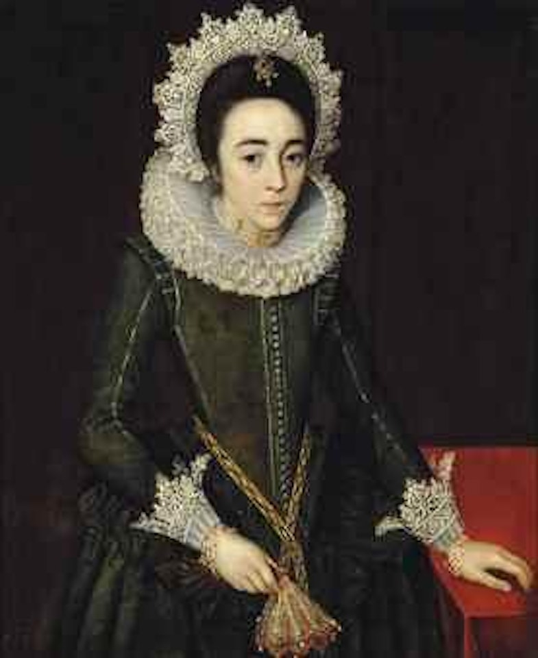 Portrait of a lady, three-quarter-length, in a green dress with lace cuffs, ruff and headdress, gloves in her right hand by English School