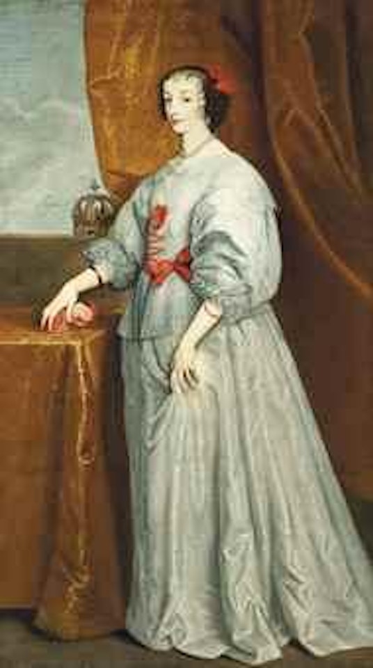 Portrait of Queen Henrietta Maria (1609-1669), full-length, in a blue dress with red ribbons, with a pearl necklace and earrings by Anthony van Dyck