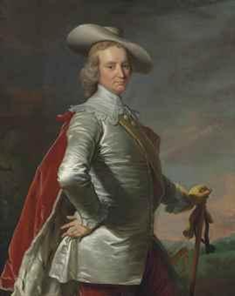 Portrait of a gentleman, three-quarter-length, in Van Dyck costume, his left hand resting on a stick, in a landscape by Thomas Hudson