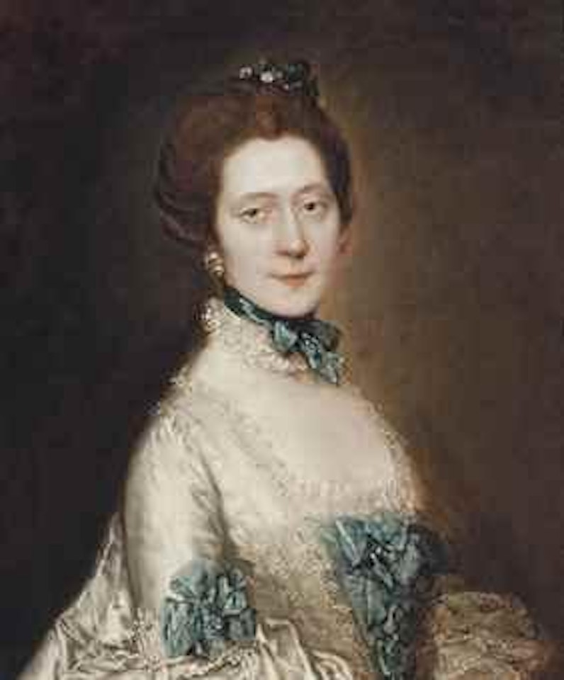Portrait of Lady Anne Furye, née Greenly (b. 1738), half-length, in a white satin sack-back dress with blue echelles, wearing a blue ribbon and lace choker by Thomas Gainsborough