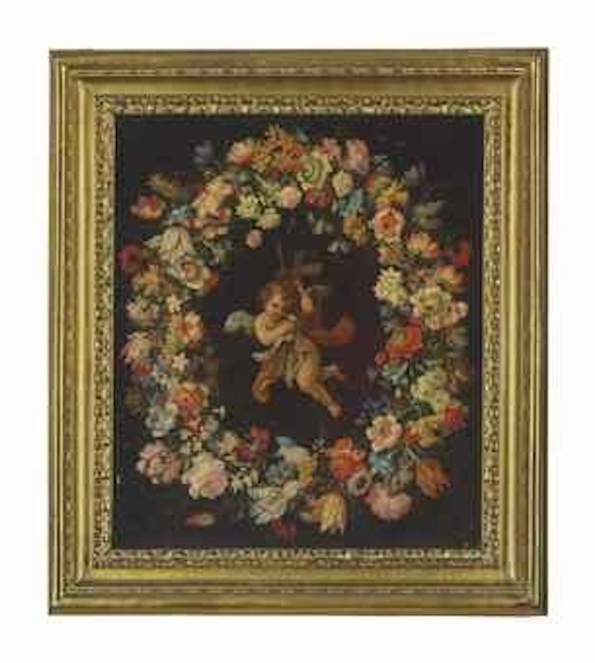 An angel carrying the instruments of the passion, surrounded by a garland of carnations, daffodils, jasmine and other flowers by Francesco Mantovano by Guido Reni